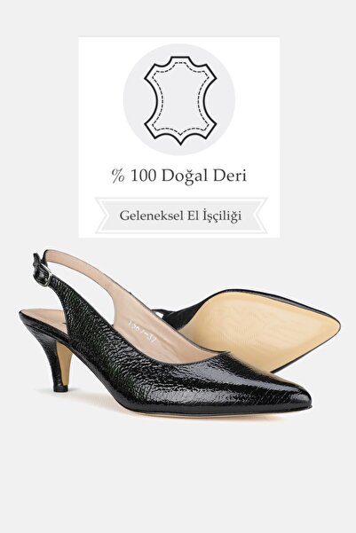TUNAELLİ Black Patent Leather - Genuine Natural Leather, Size 35-41 Heels, Open Back Shoes