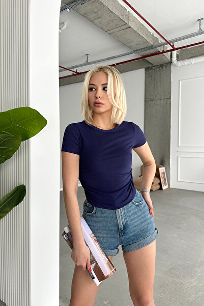 LACHT Navy Blue Short Sleeve Polyamide Women's Blouse - Side Gathered, Crew Neck