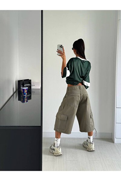 Alien 1979 Haki renk geniş kesim kargo cepli bermuda şort