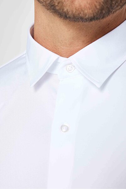 Tudors Slim Fit Uzun Kollu Likralı Düz Stretch Beyaz Erkek Gömlek
