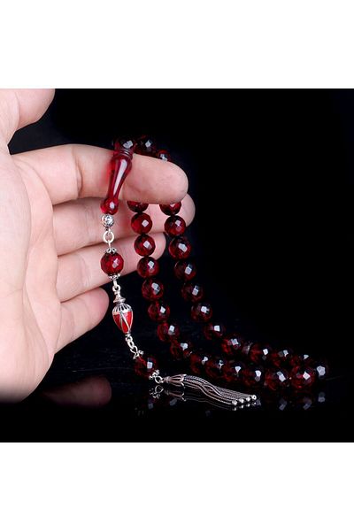 Tesbihsepetim Red Facet Cut Silver Tasseled Drop Amber Rosary