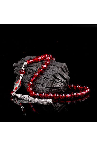 Tesbihsepetim Silver Tasseled Enameled Rosary - Facet Cut, Drop Amber