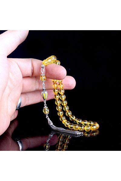 Tesbihsepetim Silver Tasseled Enameled Rosary - Facet Cut, Drop Amber