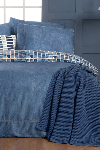 Sarev Sensa Indigo Double Duvet Cover Set - 100% Cotton Satin, "233 TC"