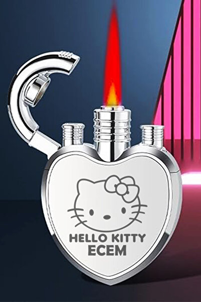 İŞTE BU Kalp Şeklinde Kişiye Özel İsimli Hello Kitty Çakmak Metal Turbo Alev Çakmak
