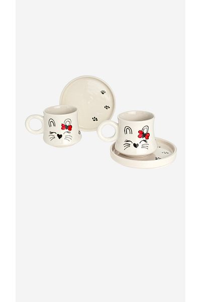 Gezdikçe Bilelim 6-Piece Set Cat Patterned Handmade Boiler Ceramic Coffee Cup, Coffee Cup