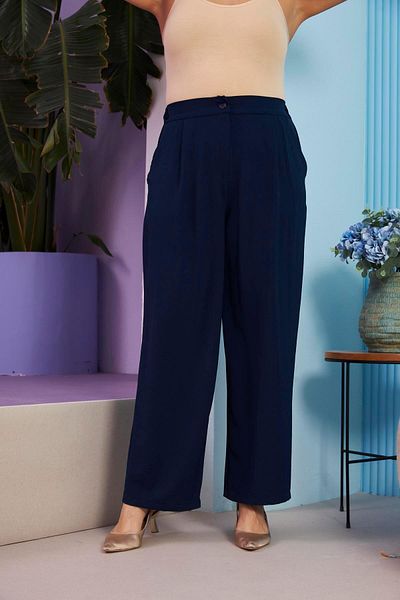RMG Navy Blue Large Size Aerobin - Wide Leg Trousers with Elastic Waist