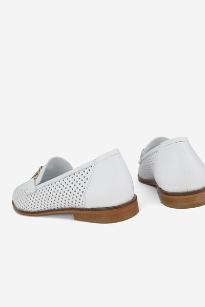 TUNAELLİ White Genuine Natural Leather Women's Ballerinas - Size 35-41 with Buckle
