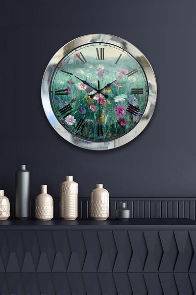 Kasva Concept Gift 36 cm Chrome Metal Flower Wall Clock