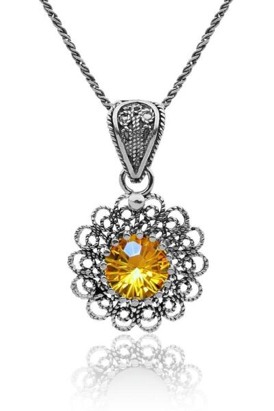 Roza Silver Kasım Sitrin Doğum Taşı Çiçek Motifli Telkari Gümüş Kolye