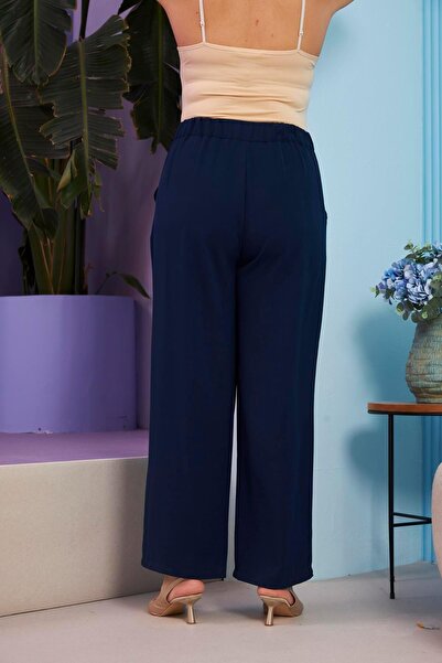 RMG Navy Blue Large Size Aerobin - Wide Leg Trousers with Elastic Waist