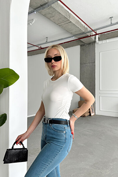 LACHT Λευκή Πολυαμίδικη Γυναικεία Μπλούζα - Κοντό μανίκι, Πλαϊνό Πλισέ, Πλήρης λαιμόκοψη