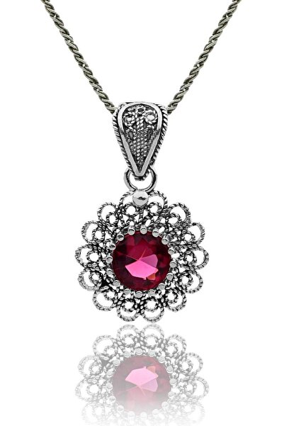 Roza Silver Temmuz Yakut Doğum Taşı Çiçek Motifli Telkari Gümüş Kolye