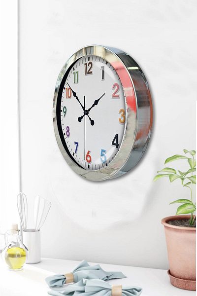 Kasva Concept Gift 36 cm Chrome Metal Colorful Number Wall Clock