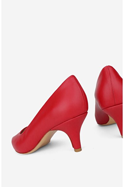 TUNAELLİ Women's Red Leather Short Heeled Stiletto Shoes, Size 35-41