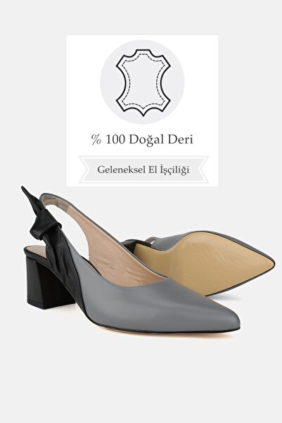 TUNAELLİ KADIN GRİ SİYAH HAKİKİ DERİ 35-41 NUMARA TOPUKLU ARKA AÇIK AYAKKABI