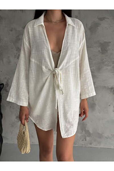 ZF BUTİK Weißes Flam-Kimonohemd aus Leinen