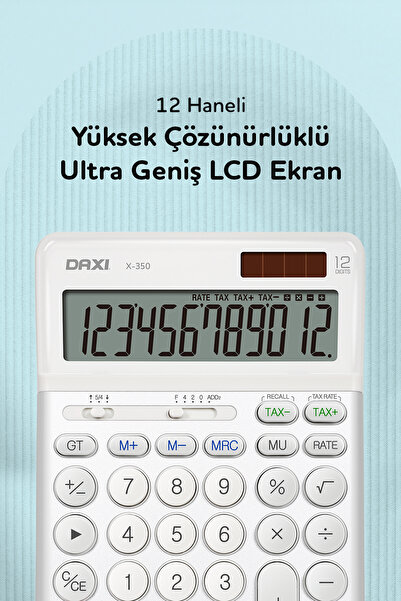 Daxi X-350 BEYAZ 12 HANELİ HESAP MAKİNESİ, TAX FONKSİYONLU, 14x19 cm