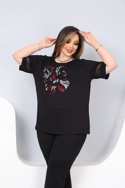 vividbutik Stone Detailed Flower Patterned Plus Size Blouse
