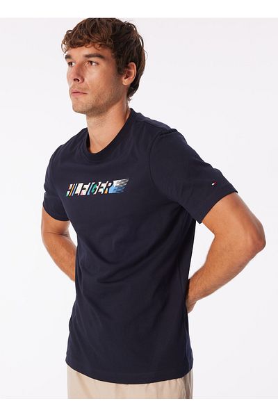 Tommy Hilfiger Bisiklet Yaka Mavi Erkek T-Shirt MW0MW34419