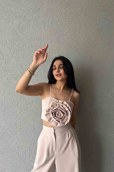 Seda Yalçın Atelier Beige Bustier with Straps - Rose Detail