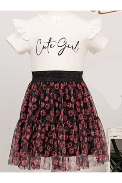Gocoland FLOWER PATTERNED SKIRT WRITING CHARACTERED T-SHIRT Dress