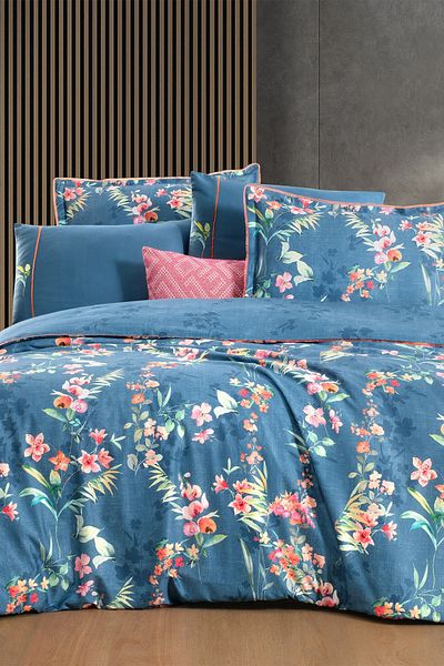 Sarev طقم غطاء لحاف Leticia Blue King Size - 100% قطن ساتان، "300 TC"