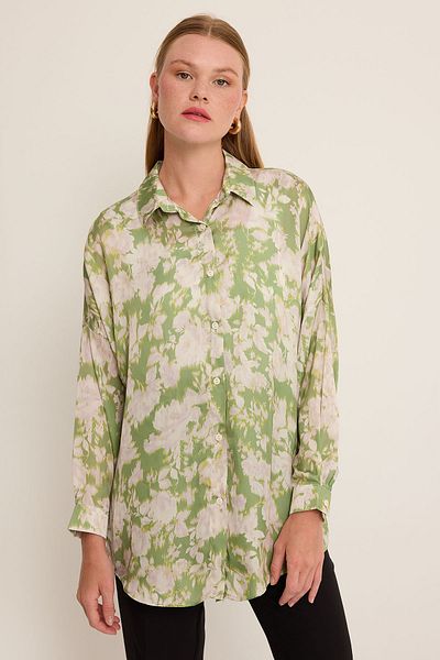 Bigdart Cămașă de damă din satin oversize cu model verde bej - 3985