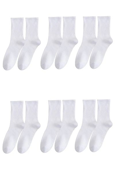 Meguca Socks 6 Pairs Unisex White College Tennis Socks Set