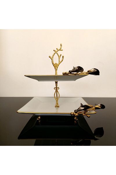 atabey home Square Cookie Holder/Presentation Black Tulip Footed 2 Layer Kütahya Porcelain