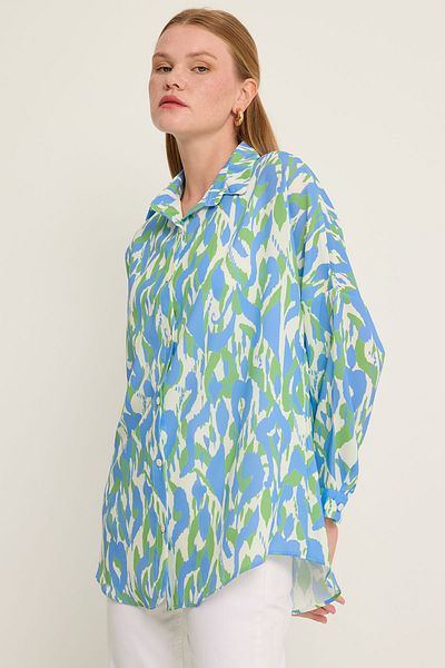 Bigdart Blue Green Patterned Oversize Satin Women's Shirt - 3985