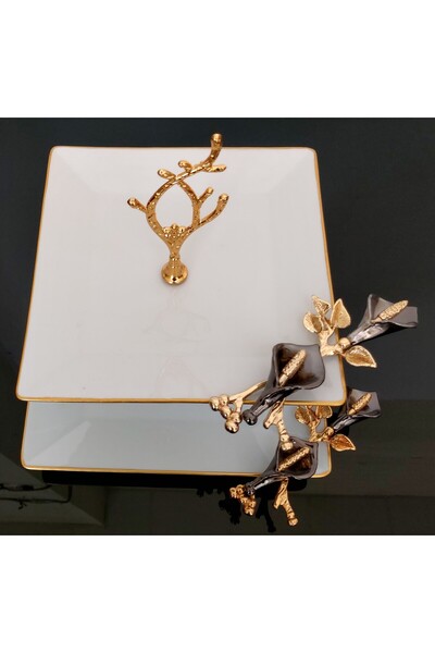 atabey home Square Cookie Holder/Presentation Black Tulip Footed 2 Layer Kütahya Porcelain