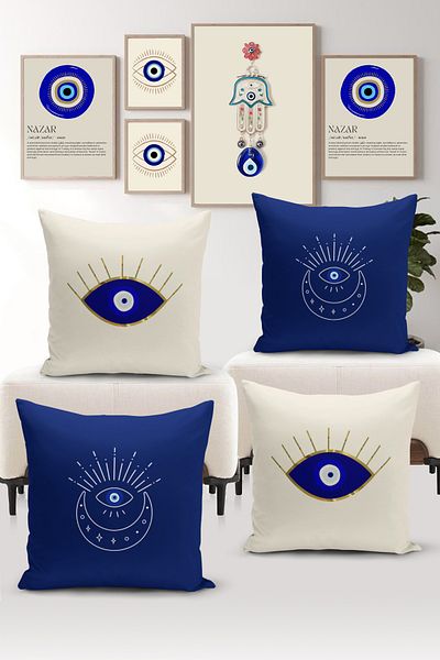Bertille Home Seria Evil Eye, set de 4 huse de pernă cu imprimare digitală pe două fețe (husă de pernă pentru ochi Evil)