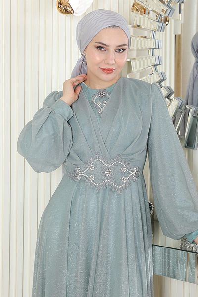 Modamihram Pearl Detailed Draped Glittery Evening Dress Mint 19189