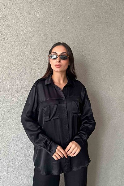 Seda Yalçın Atelier Black Satin Button Detailed Shirt Pants Set