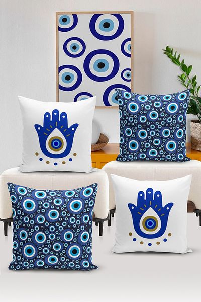 Bertille Home Seria Evil Eye, set de 4 huse de pernă cu imprimare digitală pe două fețe (husă de pernă pentru ochi Evil)