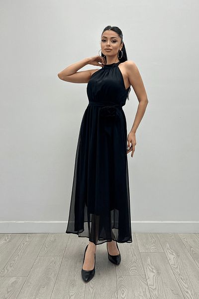 giyimmasalı Black Midi Chiffon Dress - Elastic Waist