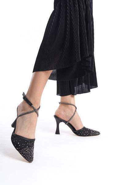 Moda Değirmeni Rochie de seară Stoned Black pentru femei, pantofi cu curele la gleznă - BG1181-121-0005
