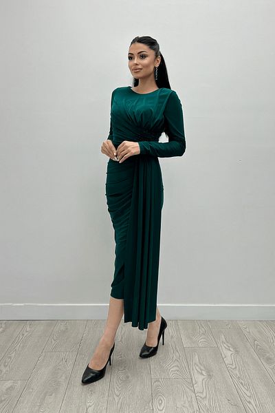 giyimmasalı Emerald Green Draped and Jewelled Detailed Jersey Dress