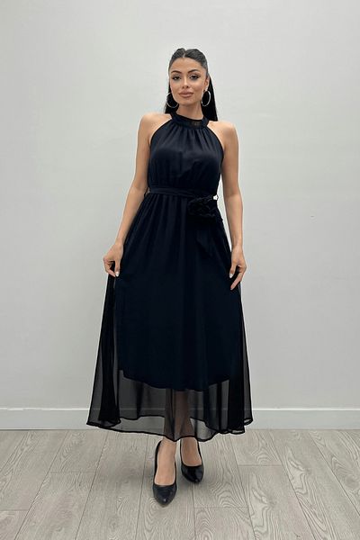 giyimmasalı Black Midi Chiffon Dress - Elastic Waist