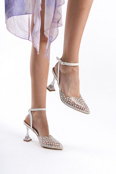 Moda Değirmeni Pantofi cu toc pentru damă, cu curele transparente la gleznă, cu pietre albe - BG1082-119-0013