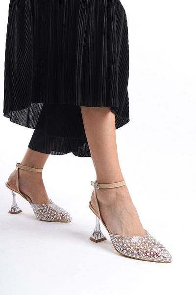 Moda Değirmeni Pantofi cu toc transparent Stoned Nut pentru femei - Curea la gleznă BG1082-119-0013