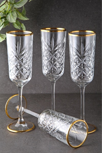 WuuQ Lüsterli Cam 4 Lü  Kahve Yanı Veya Meşrubat Bardağı - Gold