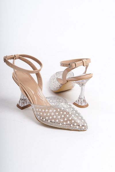 Moda Değirmeni Pantofi cu toc transparent Stoned Nut pentru femei - Curea la gleznă BG1082-119-0013