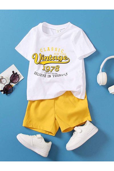 MORNİNG KİDS 1978 Printed Vintage Boy's T-shirt and Shorts Set - White and Yellow