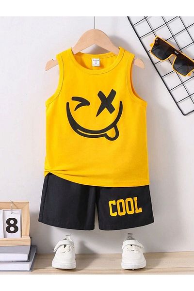 LOUİSA Boy's Yellow Cool Smiling Face Printed Zero Sleeve T-Shirt-Shorts Set