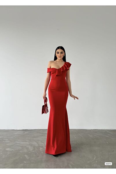 dükkan10butika Γυναικείο βραδινό φόρεμα με μακριά ώμους Flounce Lycra - ΚΟΚΚΙ...