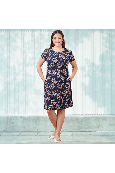 Gülfirik Tasarım Navy Blue Floral Print - Half Sleeve Round Neck Plus Size Women's Dress with Pockets in Lycra