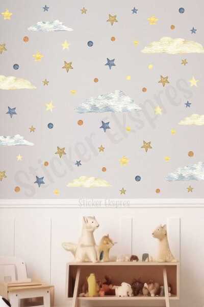 Sticker Ekspres Ayıcıklı Uçan Balonların Bulut Yıldız Ve Yuvarlakları Çocuk O...