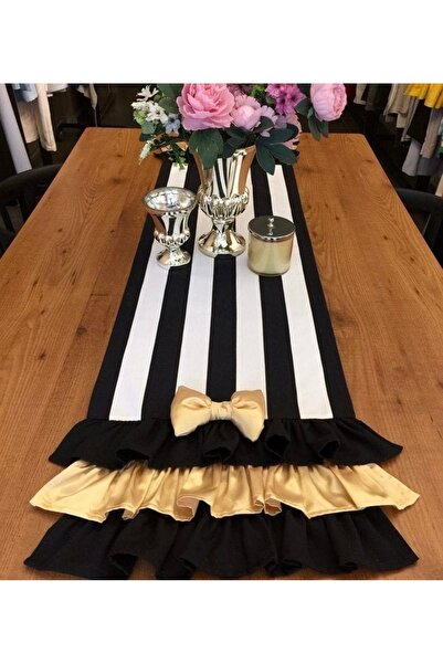 Dekorluk Concept Siyah Beyaz Çizgili Ve Iki Kenarı Fırfırlı Runner (130 X 40) Cm